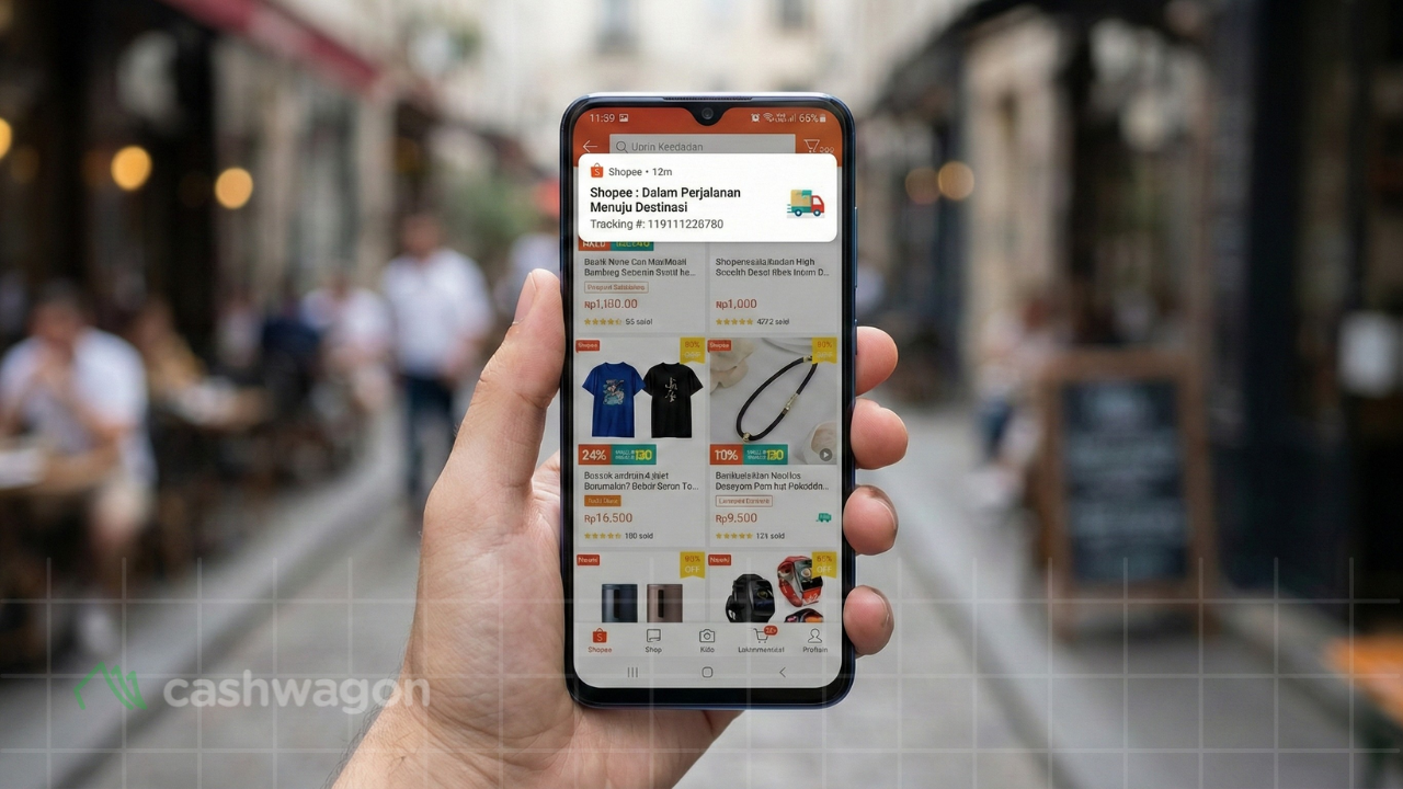 Buatkan gambar ukuran 1280px x 720px, handphone android digenggam menampilkan aplikasi Shopee, ada notif Dalam Perjalanan Menuju Destinasi, handphone terlihat jelas full